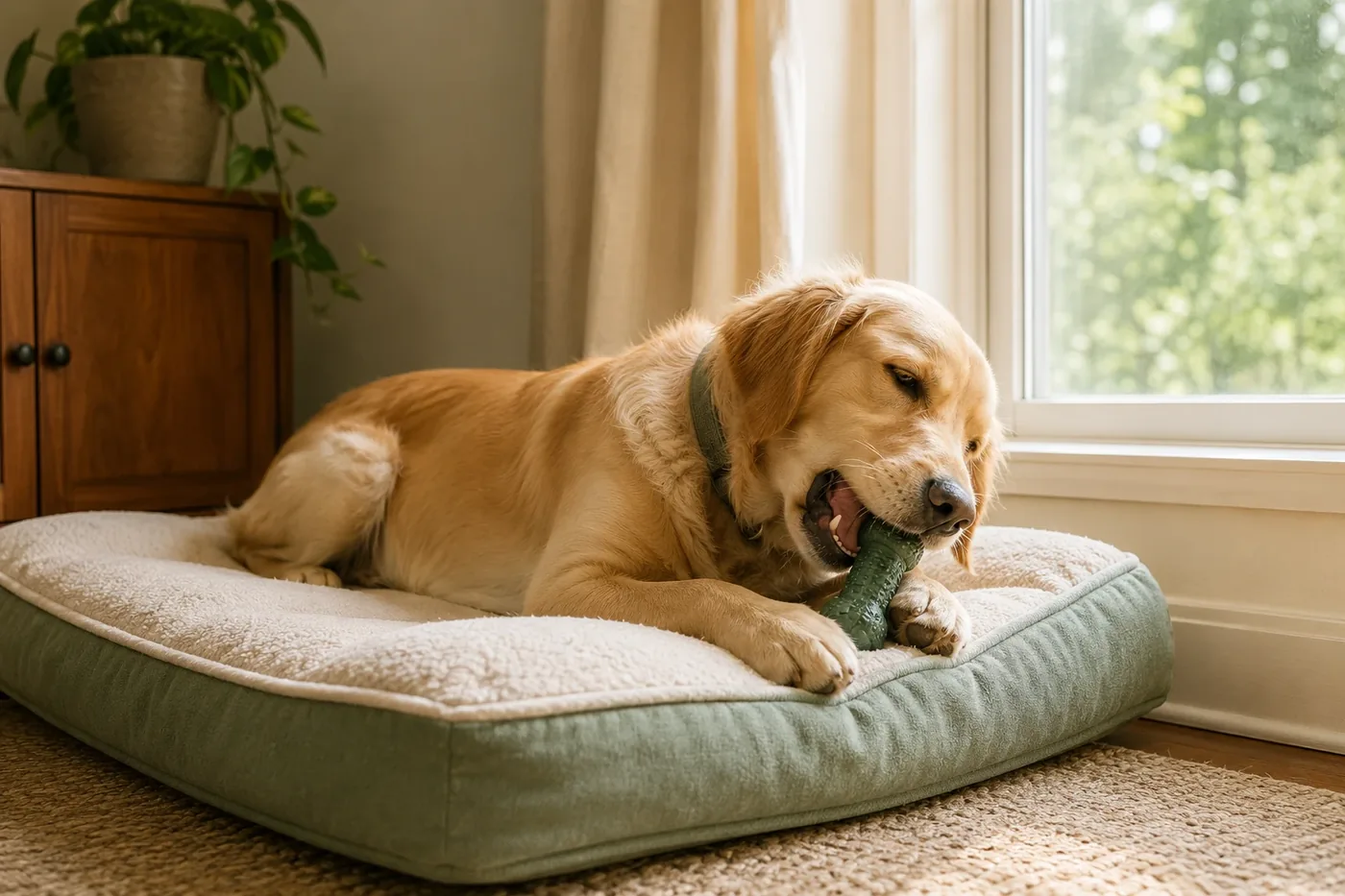 A relaxed dog resting on a bed near a window at home.