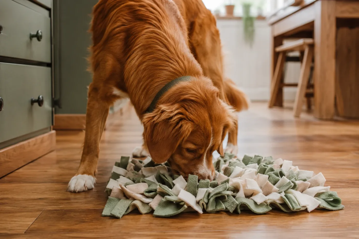 A dog sniffing out kibble scattered on the kitchen floor.