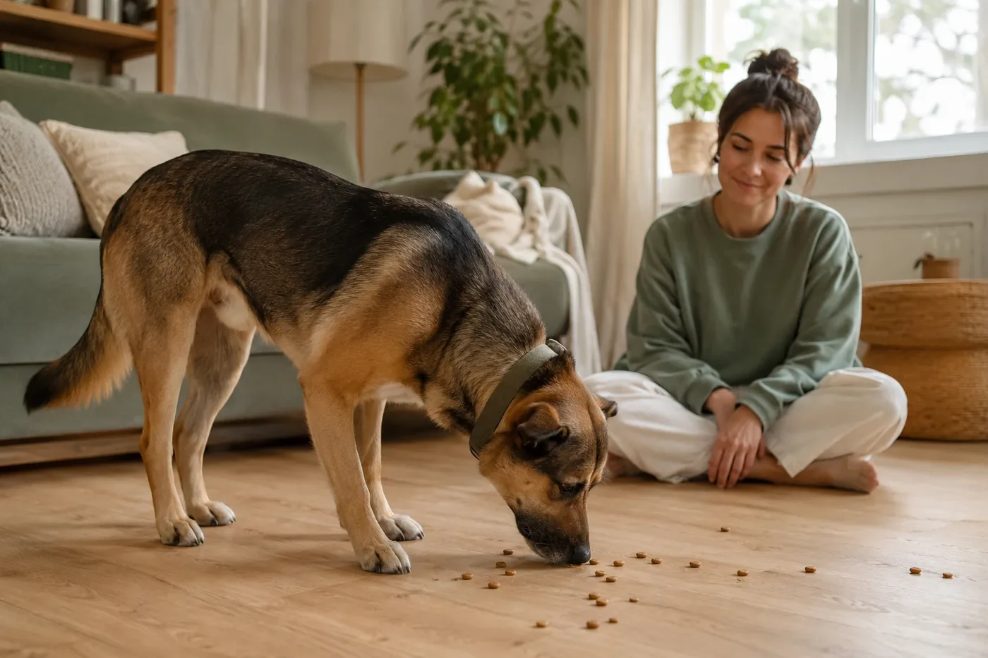 A dog calmly investigating an enrichment activity at home.