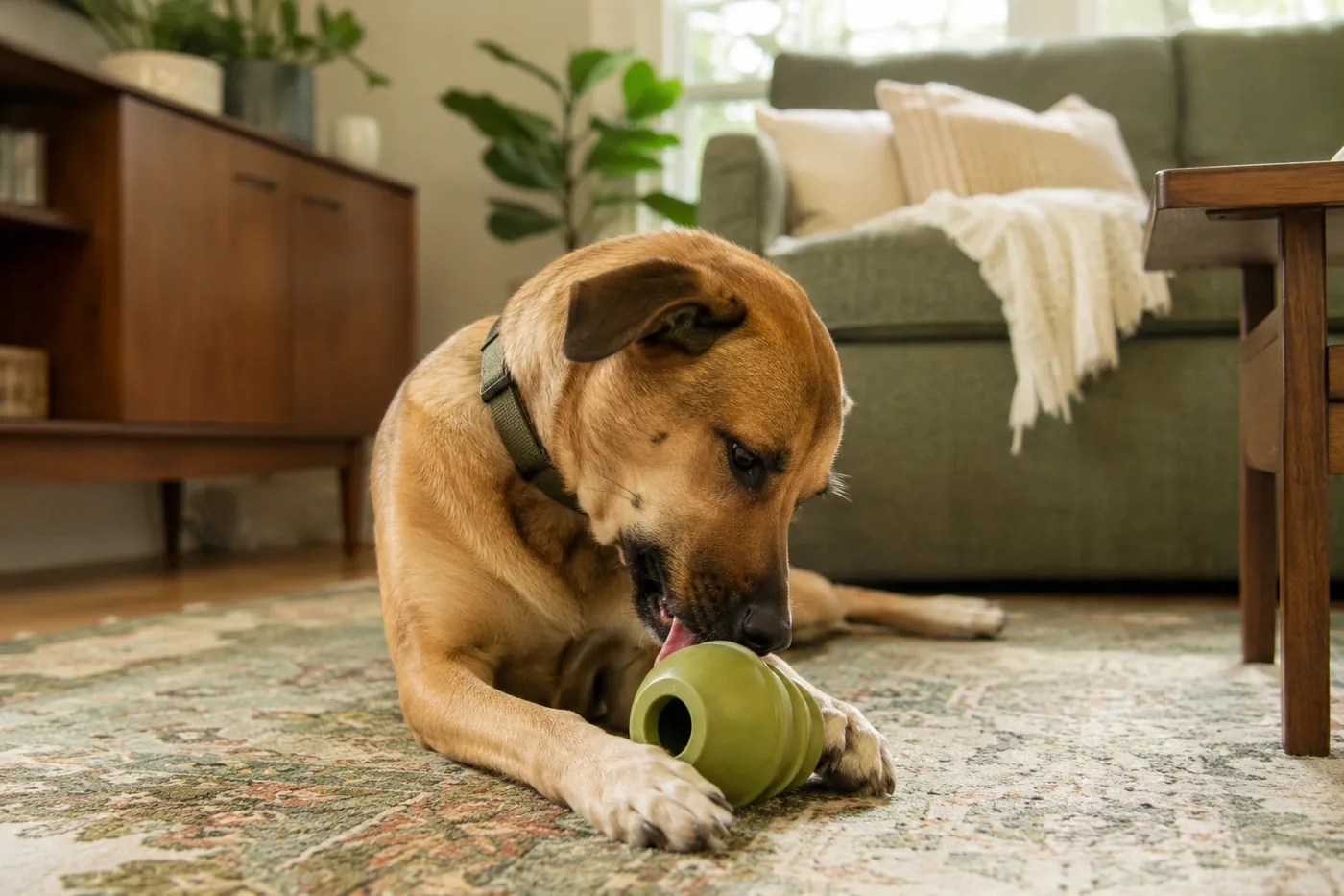 A dog licking a hollow rubber food toy on a living-room rug.