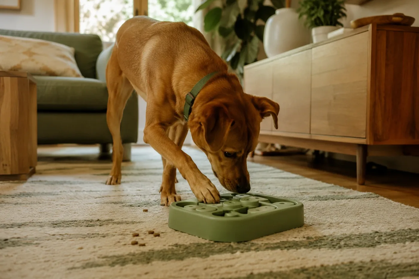 A dog nosing a food-dispensing toy on a living-room floor.
