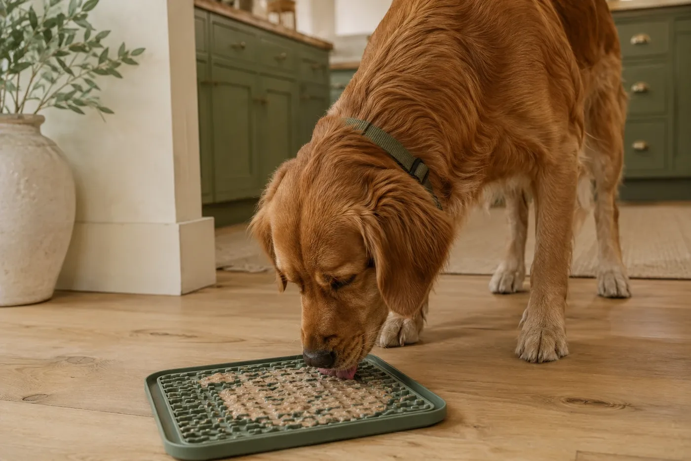 A dog licking a silicone lick mat spread with soft food on a kitchen floor.