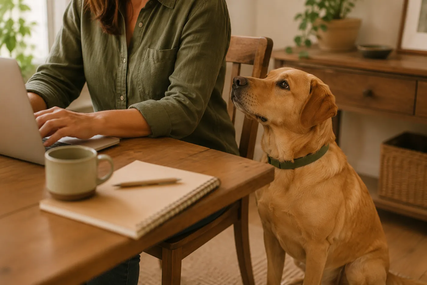 A dog sitting beside a person working at a table, looking up for attention.