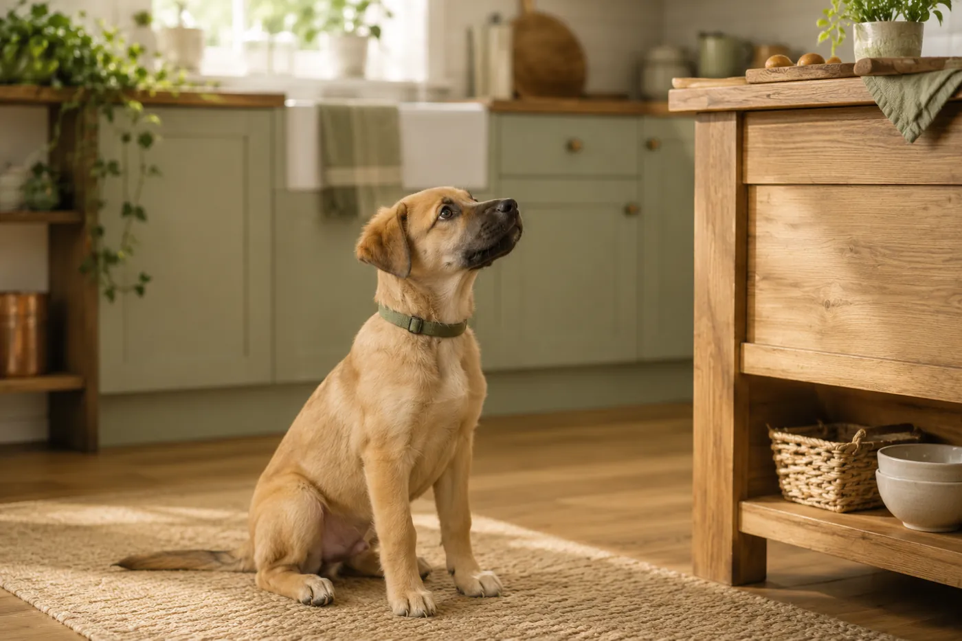 A dog sitting politely on the kitchen floor, looking up toward the counter.