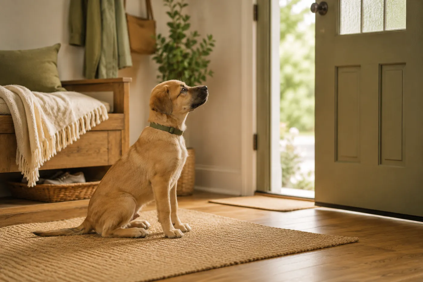 A dog waiting calmly beside an open front door.