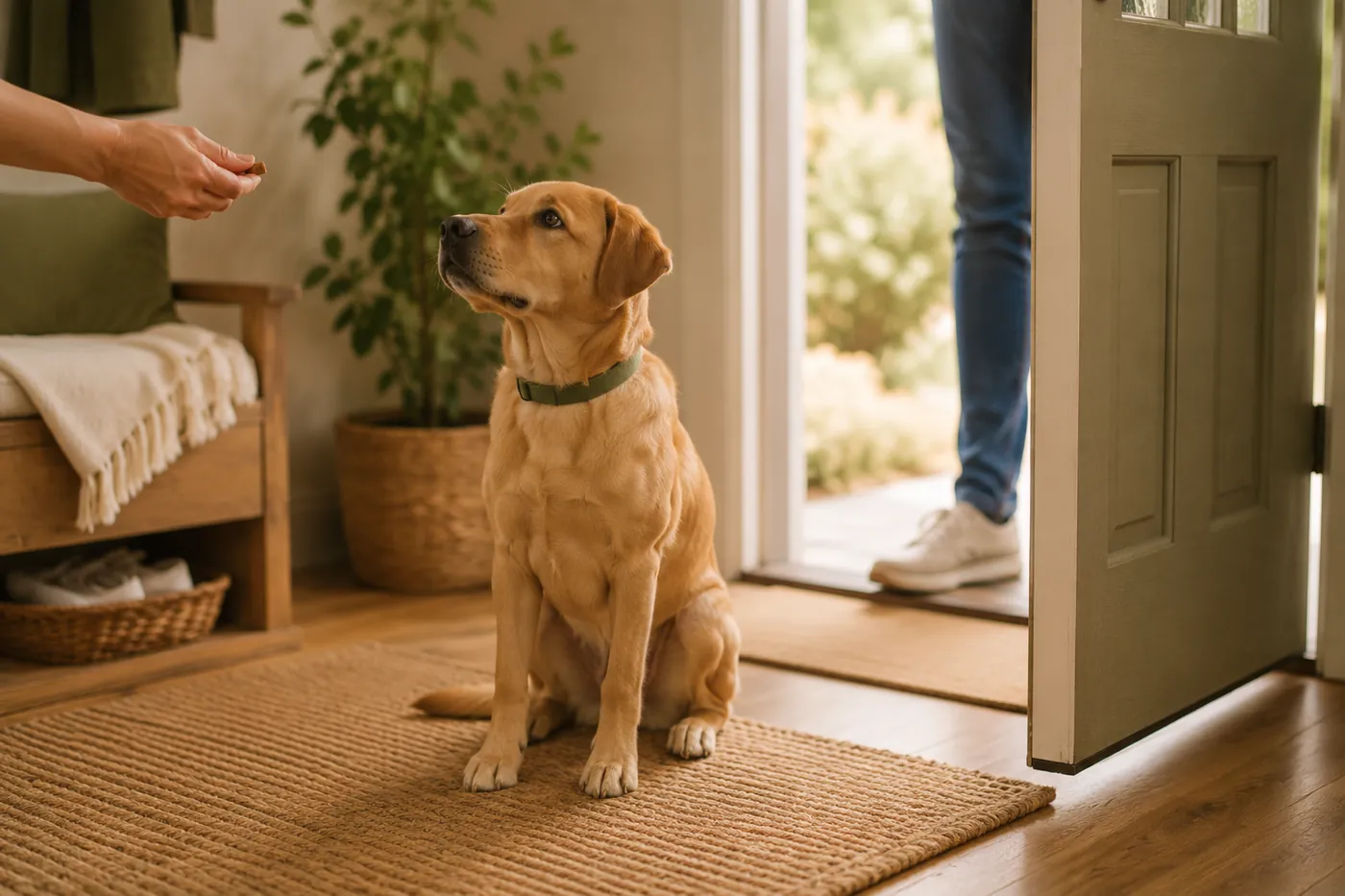A dog sitting politely on a mat by the front door as a visitor arrives.