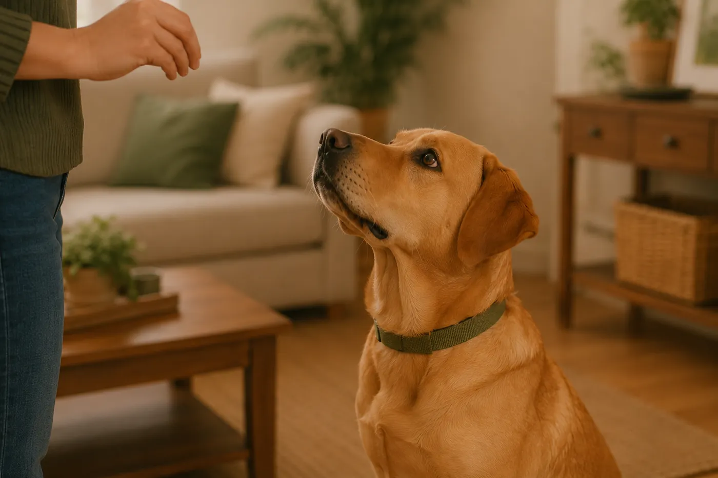 A dog making calm eye contact, focused up at a person.