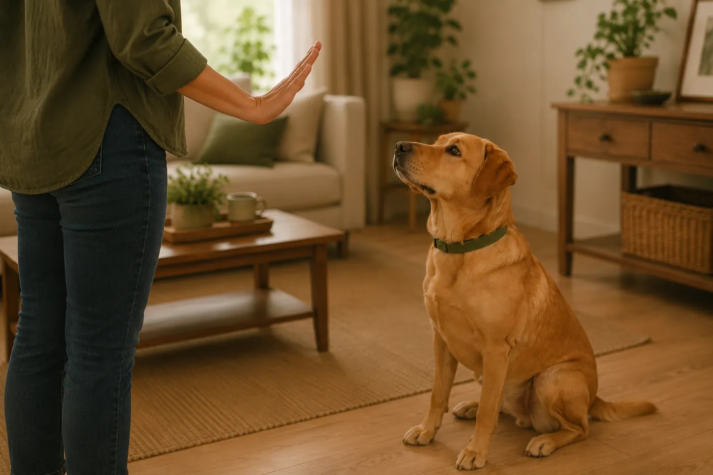 A dog holding a sit-stay while a person gives an open-palm wait cue.