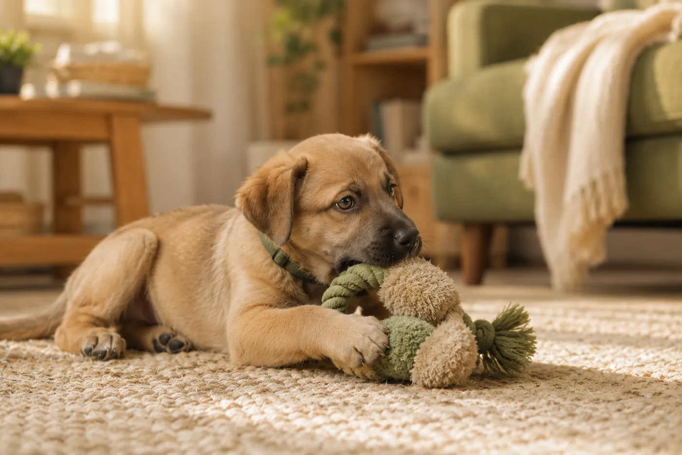 A happy puppy beside a chew toy.