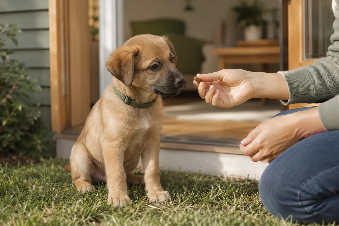 A calm puppy sitting on the grass by the back door as a person offers a treat.
