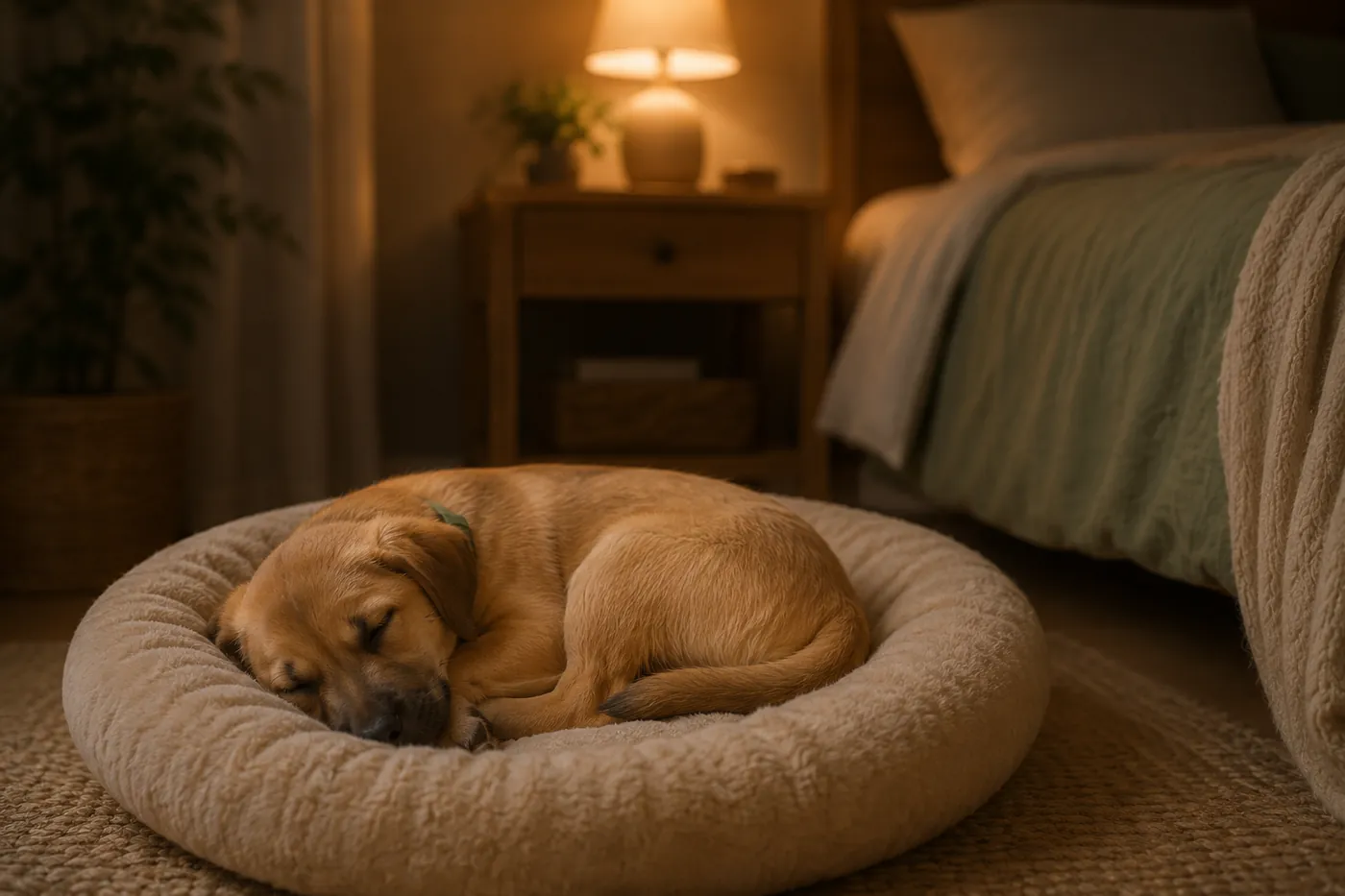 A puppy sleeping curled up in a cozy dog bed.
