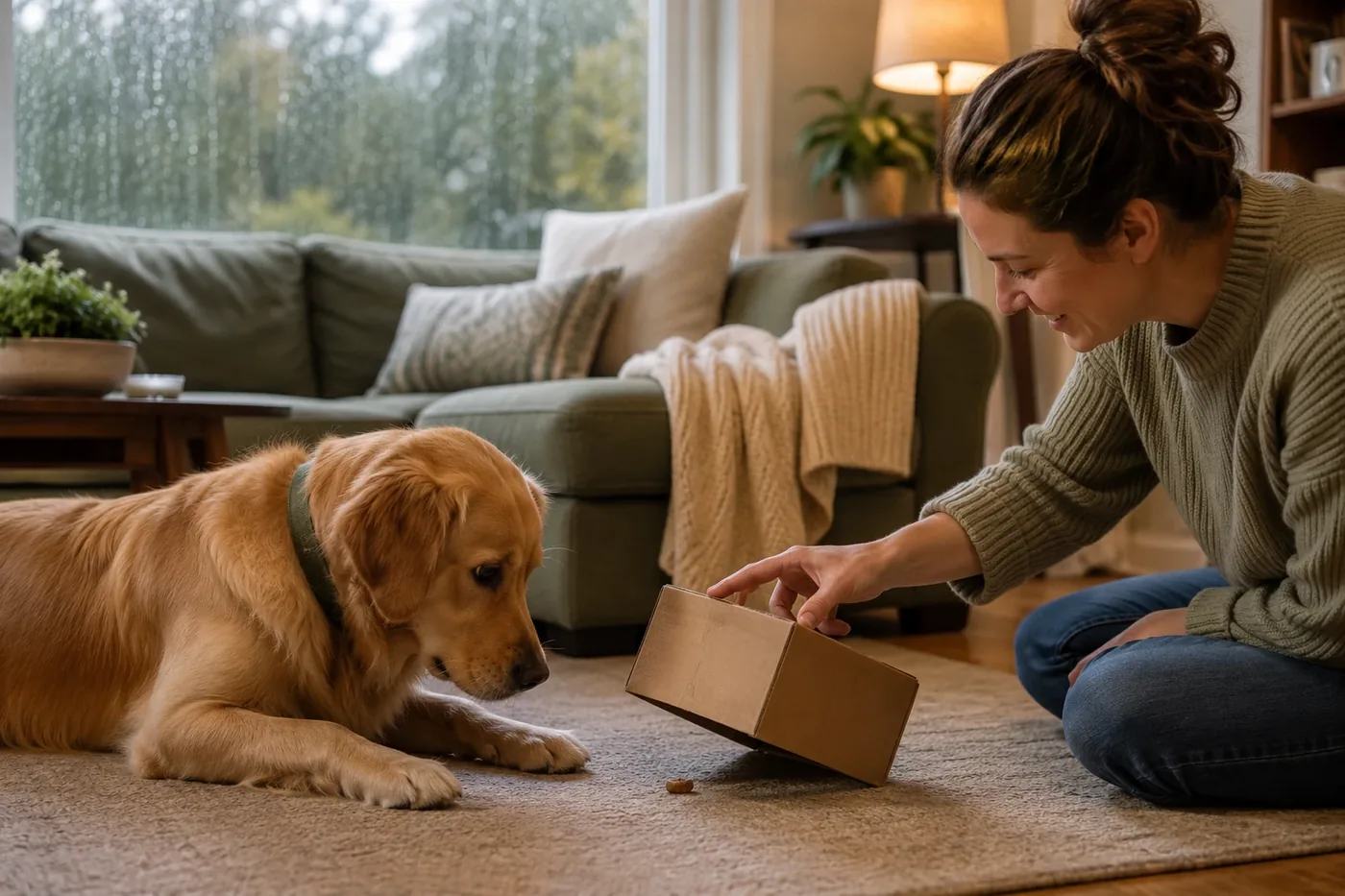 A dog playing a gentle nose game indoors on a rainy day.