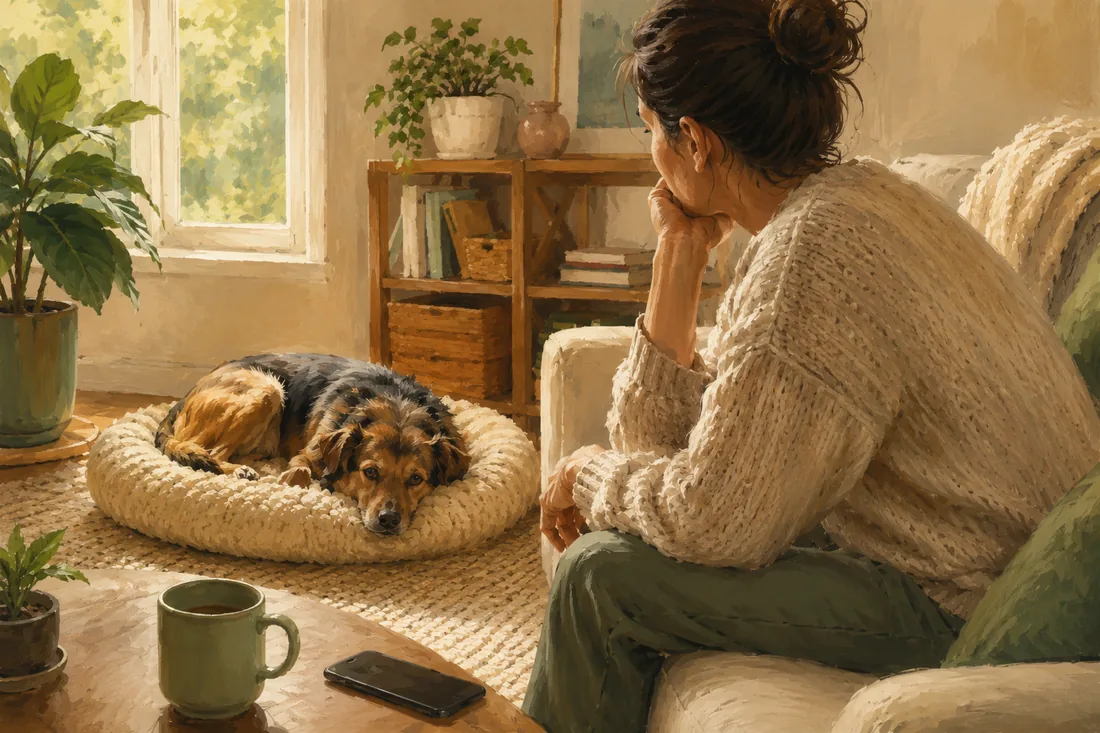A calm adult sits near a resting dog while considering whether outside help is needed.