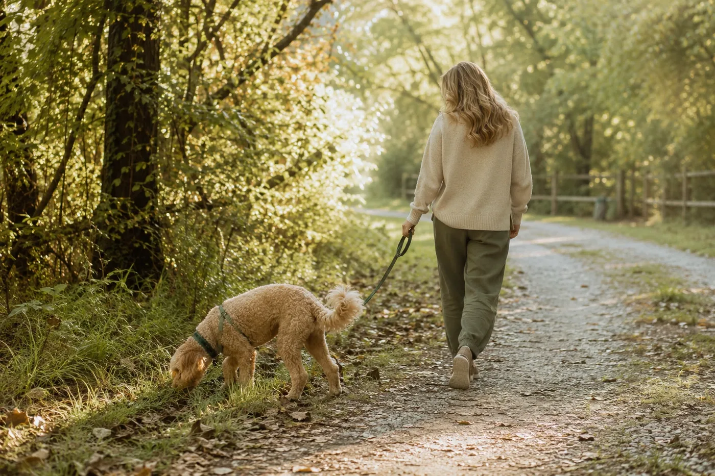 A dog sniffing along a quiet path on a loose leash.