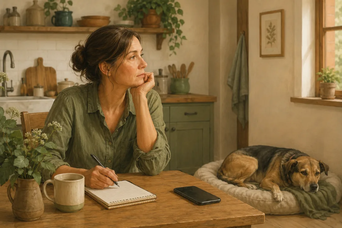 Owner sitting calmly with a phone nearby while a dog rests in the background.