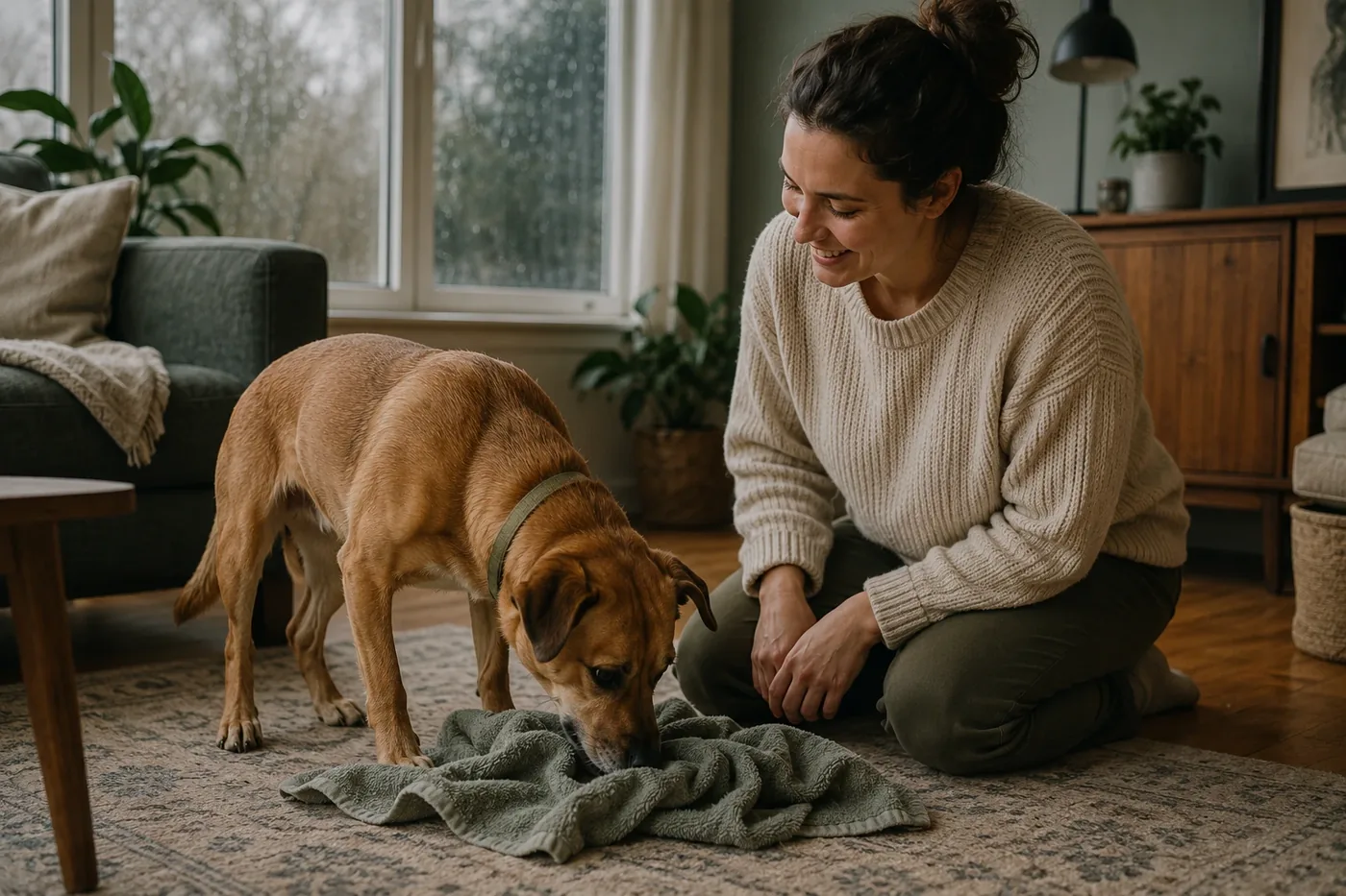 A dog focused on a calm indoor activity with its owner nearby.
